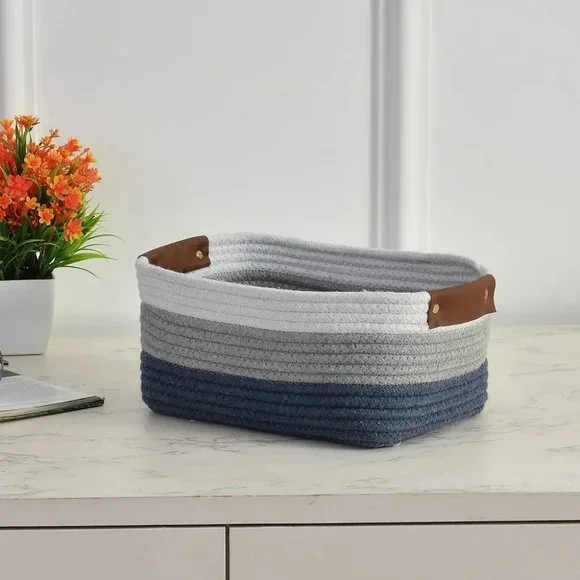 Cotton shelf basket rectangular tri color, 11x8x5 - Picture 1 of 5